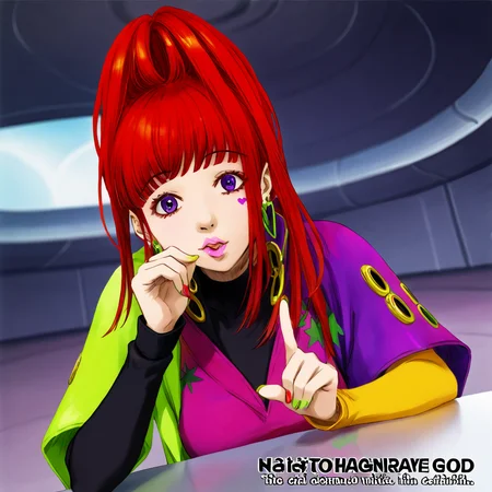 best quality, masterpiece, official artwork, semi-realistic, 1girl, solo, sq, red hair, jewelry, earrings, purple eyes, lips, nail polish, makeup, long hair, ponytail, jacket, dress, spaceship room background, flashy, social, thinking face, one finger point on face, thinking, eye looking up