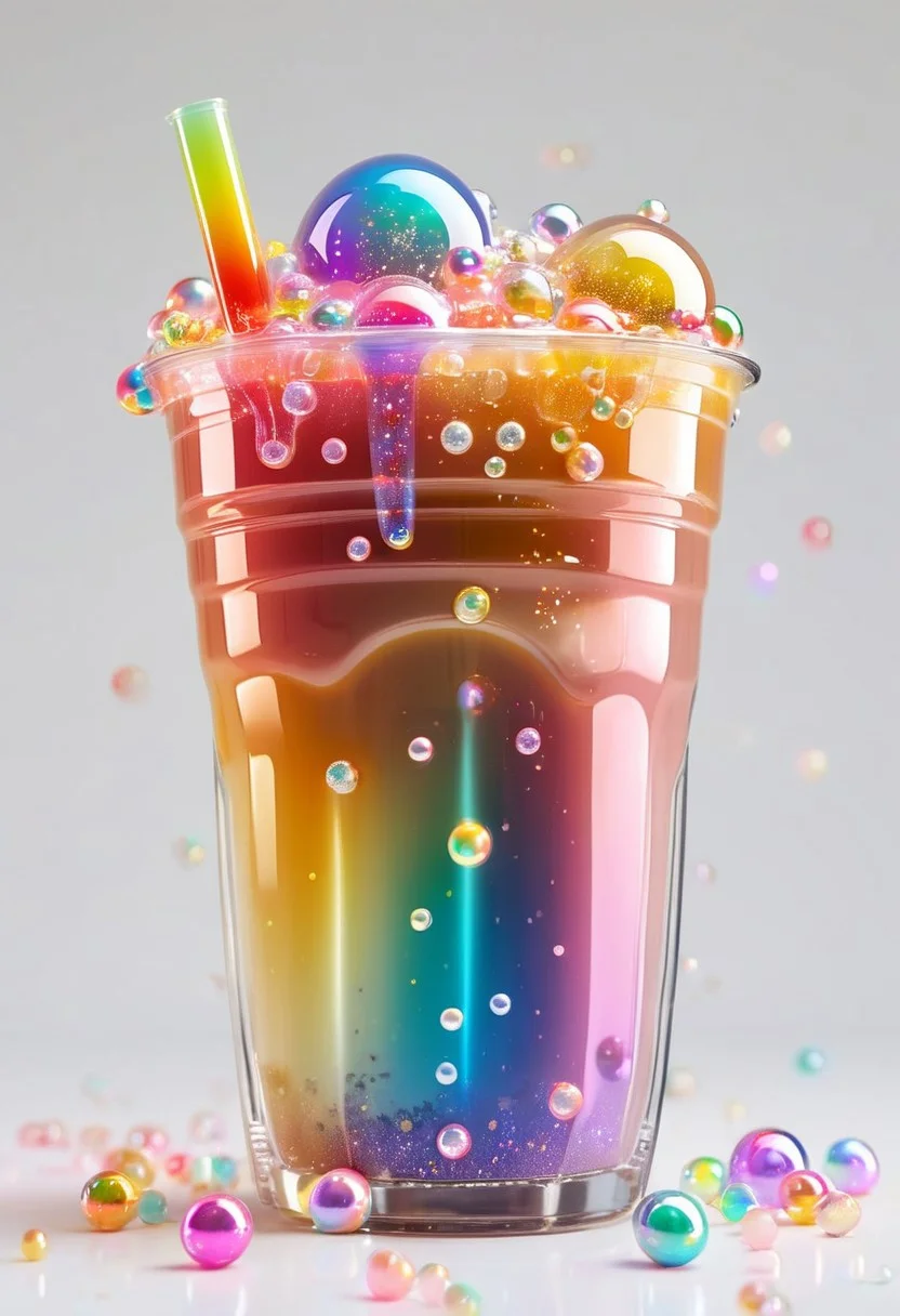 <lora:gl4ssj3mSDXL:1> gl4ssj3m, professional photography, shiny, sparkles, bubbles, a clear cup, rainbow boba tea, condensation,
glowing, joyous, uplifting, serotonin boost,
(white background), food focus, vibrant colors,