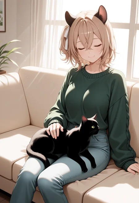 masterpiece, best quality, 1girl, solo, N1mi, light brown hair, medium hair, crossed bangs, one side up, hair ribbon, white ribbon, animal ears, green sweater, jeans, sitting, indoors, on couch, closed eyes, smile, patting cat, cat on lap, black cat, serene, peaceful, window, curtain, light rays, <lora:ChamNimiNightmareNoob:1>