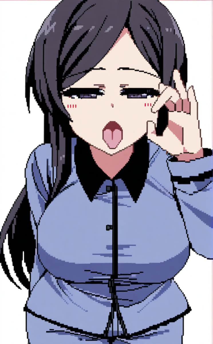 character: Kanae (å¶ç»), character: Kanae (å¶ç») clothes3, pixel art, 1girl, solo, simple background, white background, cowboy shot, looking at viewer, hand up, tongue out, open mouth, half-closed eyes, black hair, long hair, large breasts, long sleeves, fellatio gesture, oral invitation, arm behind back, blue pajamas, blue collared shirt, blue pants<lora:summer memories v8.3 (å¤æè£æ­£ååå¾ç¿»è½¬)-000005:1>