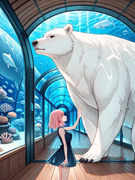 absurdres, explicit, aquarium tunnel, aquarium, polar bear, gigantic animal, underwater, hands on glass, 1girl, short dress, window, reflection, hallway, wooden floor, upper body, from side, <lora:girllikedolphinunderwater_ilxl:0.8>