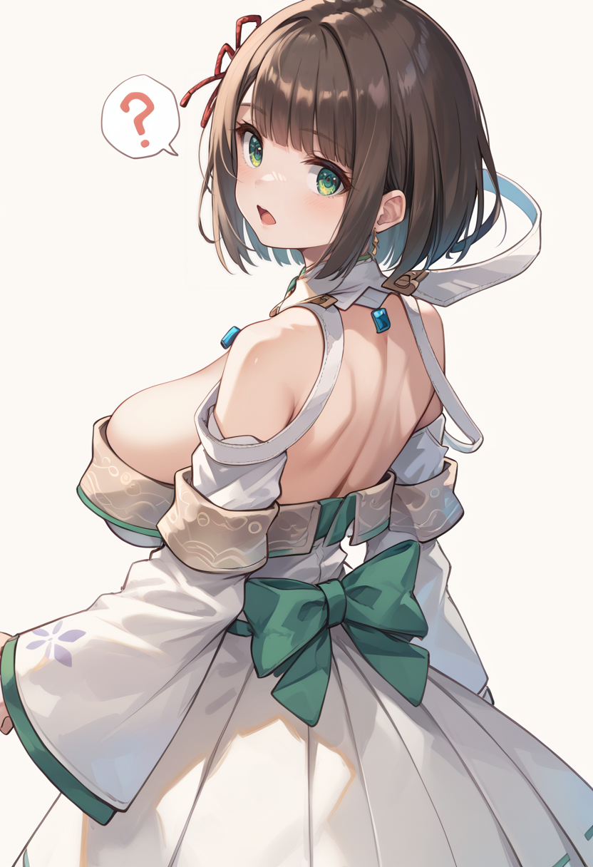 (score_9:0.9),score_8_up,score_7_up,rating_safe,anime style,(zPDXL),<lora:Xb3 miyabi ponyXL v1:0.82>,miyabi xb3,white detached sleeves,white dress,white detached collar,red hair ornament,solo,1girl,simple background,huge breasts,looking back,black pantyhose,white background,open mouth,from behind,?,