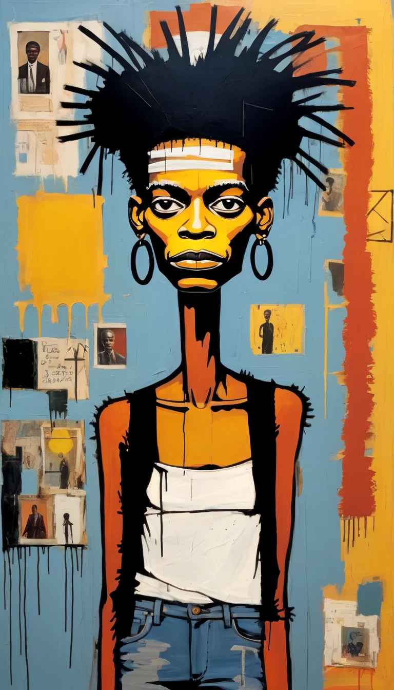 positiv Clip L: Jean-Michel Basquiat Style page, an award-winning, of a bautiful woman, positiv Clip G: Jean-Michel Basquiat Style page, an award-winning, of a skinny Gothic woman, sunset in the background,