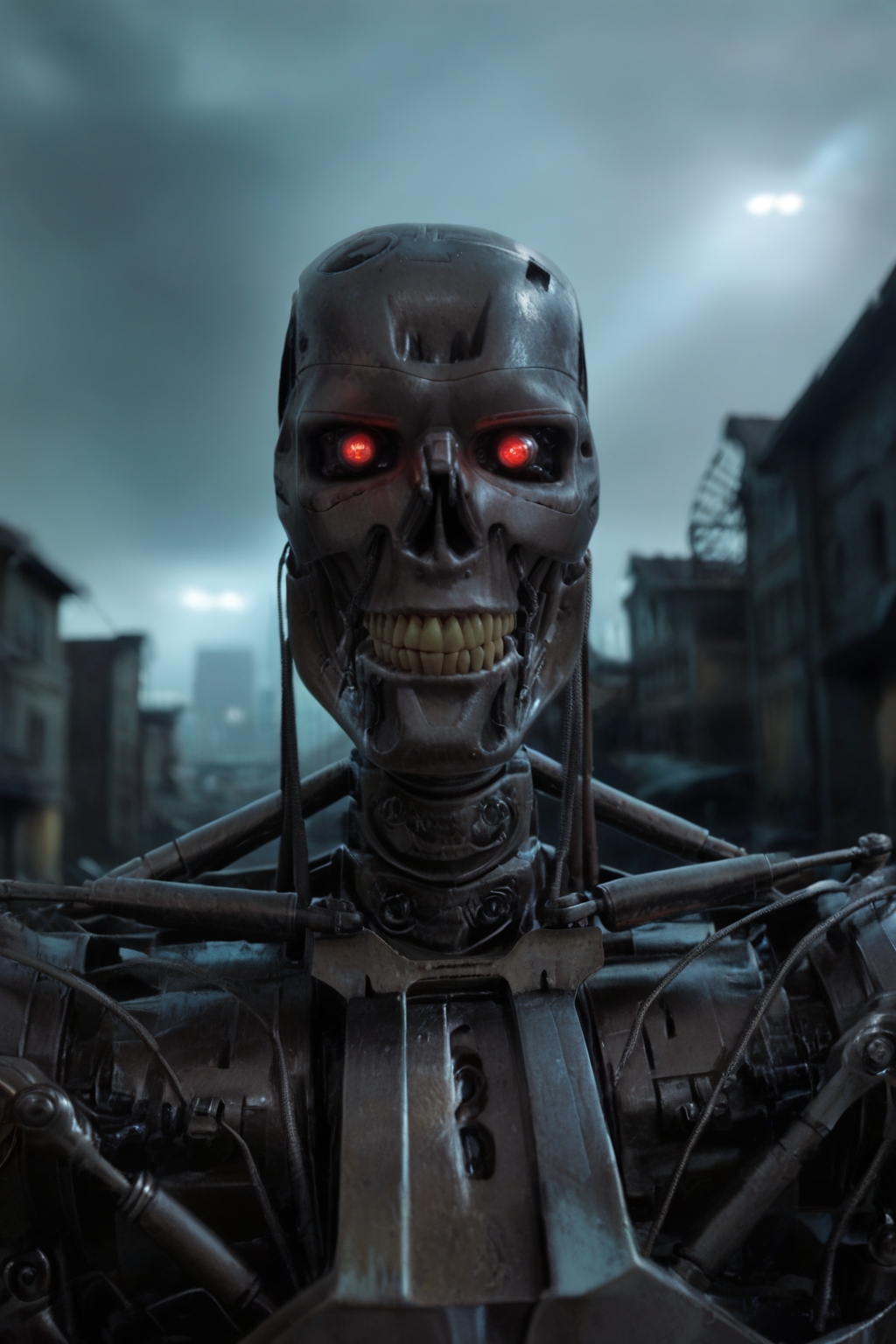 T800_Endo, Terminator robot, score_9, score_8_up, score_7_up, (source_IRL), masterpiece, high quality, highres RAW photo, ((close-up shot))
a T800_Endo Terminator Robot with red eyes, <lora:T800_Endo_Terminator_Pony_v1:1>
(standing)
in a destroyed apocalyptic city, dark cloudy skies, Apocalyptic Landscape, destroyed city
dynamic lighting, highly detailed, intricate details, shadows, sunbeams, light rays