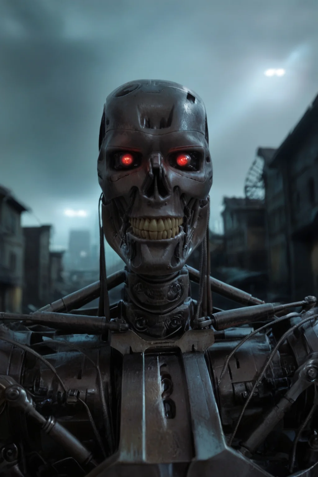 T800_Endo, Terminator robot, score_9, score_8_up, score_7_up, (source_IRL), masterpiece, high quality, highres RAW photo, ((close-up shot))
a T800_Endo Terminator Robot with red eyes, <lora:T800_Endo_Terminator_Pony_v1:1>
(standing)
in a destroyed apocalyptic city, dark cloudy skies, Apocalyptic Landscape, destroyed city
dynamic lighting, highly detailed, intricate details, shadows, sunbeams, light rays
