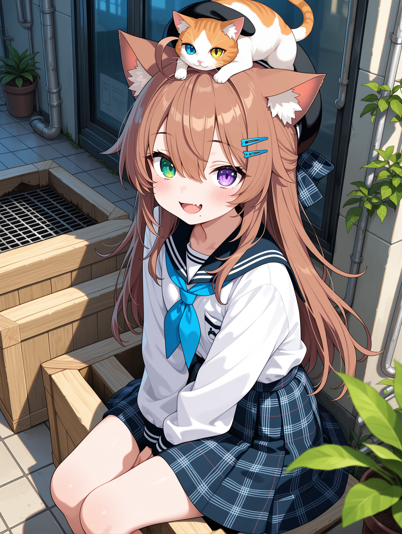 1girl,original,ahoge,animal,animal ear fluff,animal ears,black bow,black hat,blue neckerchief,blue necktie,blush,bow,brown hair,cat,fang,grate,hair ornament,hairclip,hat,heterochromia,industrial pipe,long hair,looking at viewer,mole,mole under mouth,neckerchief,necktie,open mouth,outdoors,plaid,plaid bow,plant,potted plant,purple eyes,sewer grate,skin fang,smile,solo,tile floor,tiles,window,wooden box,green eyes,shirt,white shirt,beret,animal on head,hair between eyes,sitting,cat ears,on head
,masterpiece,best quality,amazing quality,