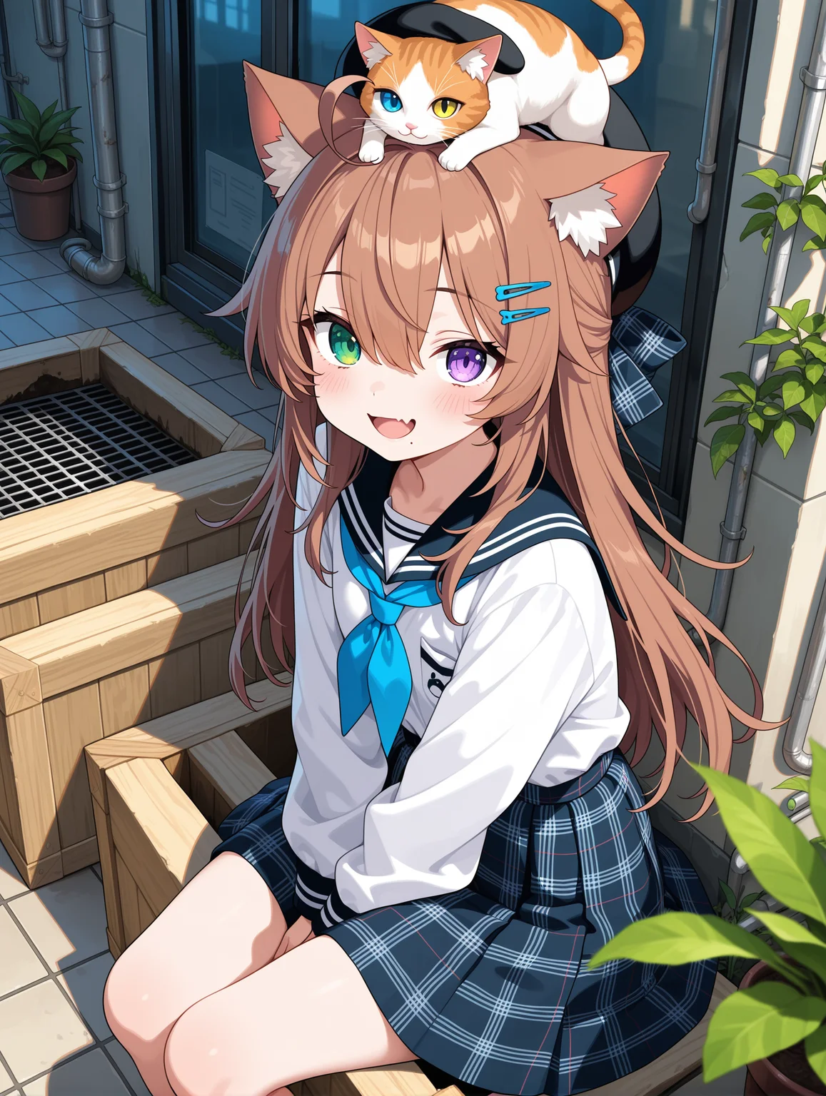 1girl,original,ahoge,animal,animal ear fluff,animal ears,black bow,black hat,blue neckerchief,blue necktie,blush,bow,brown hair,cat,fang,grate,hair ornament,hairclip,hat,heterochromia,industrial pipe,long hair,looking at viewer,mole,mole under mouth,neckerchief,necktie,open mouth,outdoors,plaid,plaid bow,plant,potted plant,purple eyes,sewer grate,skin fang,smile,solo,tile floor,tiles,window,wooden box,green eyes,shirt,white shirt,beret,animal on head,hair between eyes,sitting,cat ears,on head
,masterpiece,best quality,amazing quality,