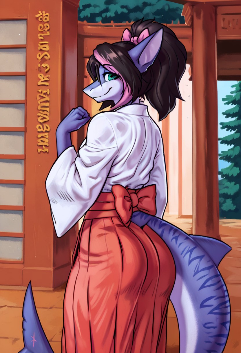 <lora:Meesh_Style_B:0.8>, meesh, by meesh,  score_9, score_8_up, score_7_up, score_6_up, score_5_up, score_4_up,1boy,femboy, anthro shark,medium hair, multicolored hair, dark hair, pink hair,bow, stripes on body, turquoise eyes, big ass,((long hair with ponytail)), BREAK, cute, japanese clothes, hakama skirt, white kimono, red hakama, long sleeves, wide sleeves, cute pose, Japanese temple background, smile,