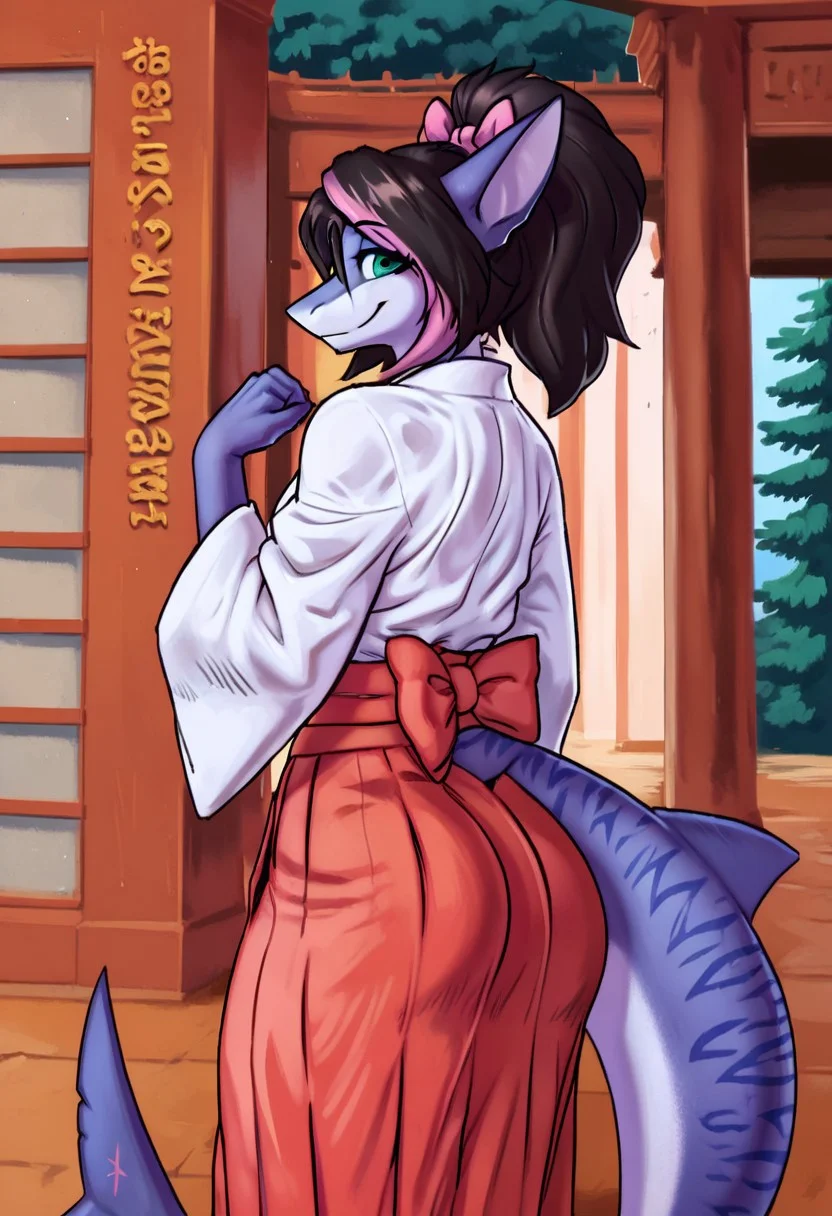 <lora:Meesh_Style_B:0.8>, meesh, by meesh, score_9, score_8_up, score_7_up, score_6_up, score_5_up, score_4_up,1boy,femboy, anthro shark,medium hair, multicolored hair, dark hair, pink hair,bow, stripes on body, turquoise eyes, big ass,((long hair with ponytail)), BREAK, cute, japanese clothes, hakama skirt, white kimono, red hakama, long sleeves, wide sleeves, cute pose, Japanese temple background, smile,