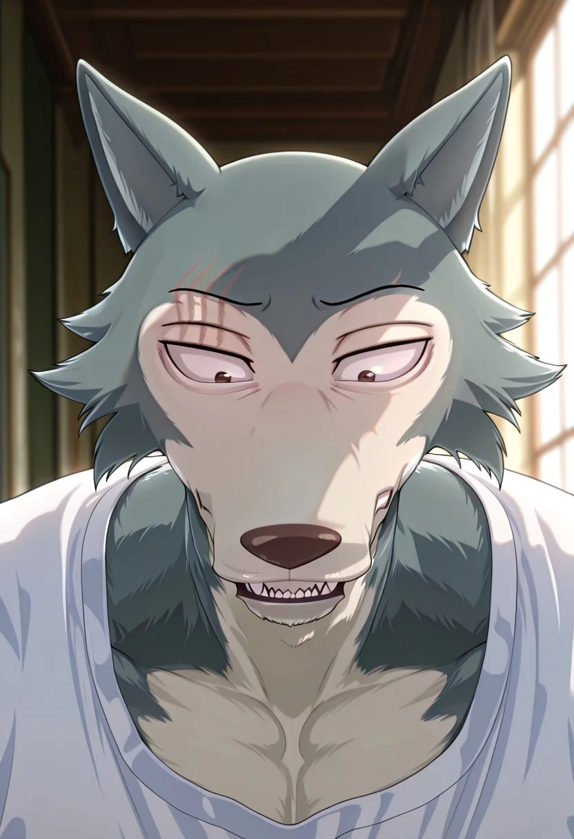 masterpiece, best quality, amazing quality,
Legoshi, anthro, wolf, beastars, scar on right brow, mature male, animal ears, grayish blue fur, brown eyes, smug expression, upper eyelid half closed, smug, sharp teeths, sharp fangs,
blurry background, volumetric lighting, smug grin, open eyes, 1boy, solo, male focus, mature male, looking at viewer, simple background, evil grin, head focus, portrait, detailed head, broad shoulders, muscle chest, white shirt, smug head, looking down, from below