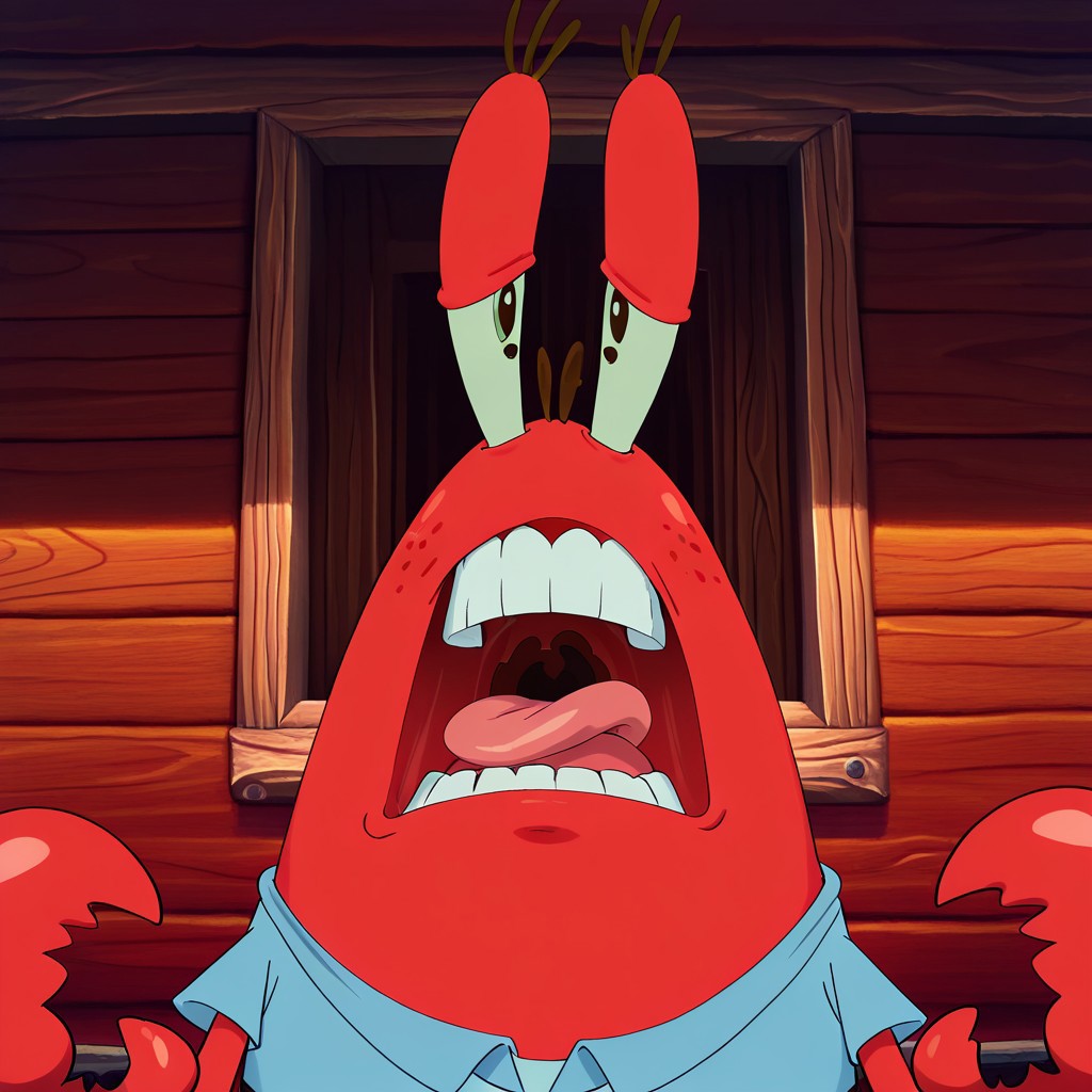 masterpiece, best quality, amazing quality, Mr_krabs, red skin, claws, blue shirt, , Male, good shading, face focus, looking at viewer, angry, open mouth, scream, teeth, tongue, SpongeBob style