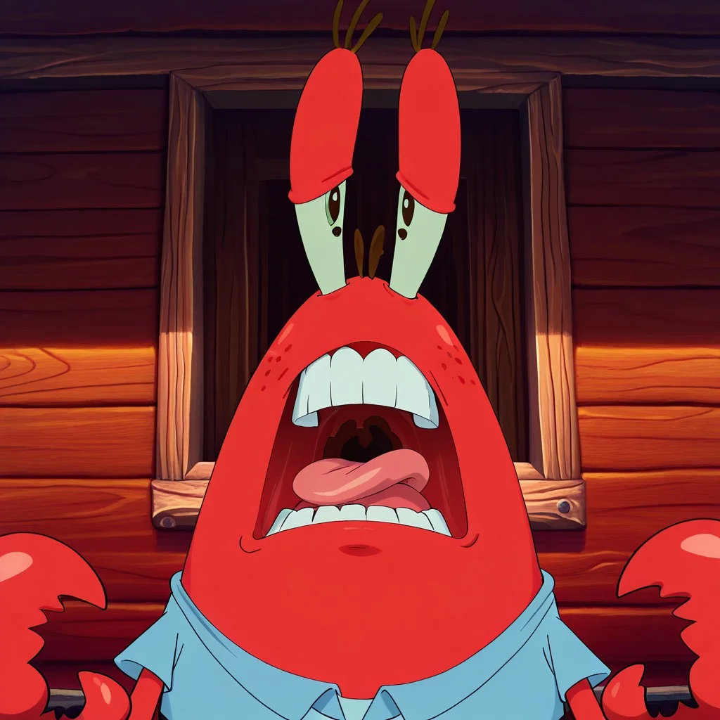 masterpiece, best quality, amazing quality, Mr_krabs, red skin, claws, blue shirt, , Male, good shading, face focus, looking at viewer, angry, open mouth, scream, teeth, tongue, SpongeBob style