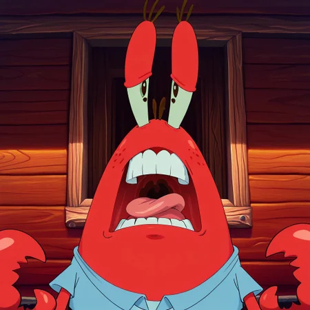masterpiece, best quality, amazing quality, Mr_krabs, red skin, claws, blue shirt, , Male, good shading, face focus, looking at viewer, angry, open mouth, scream, teeth, tongue, SpongeBob style