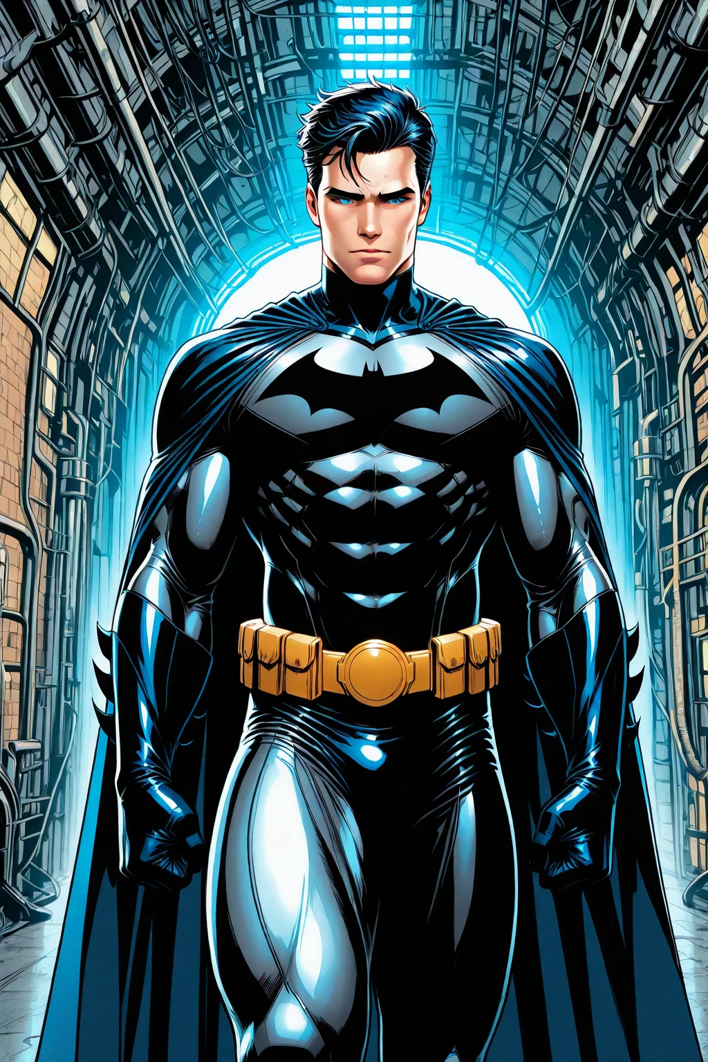 <lora:Batman_-_IO_Illustrious:1>,((masterpiece)),(best quality),comic book style,full figure picture of Bruce Wayne in a Batsuit,in the Batcave,long cape,detailed,masculine,detailed eyes,HDR,artistic,photorealistic,
