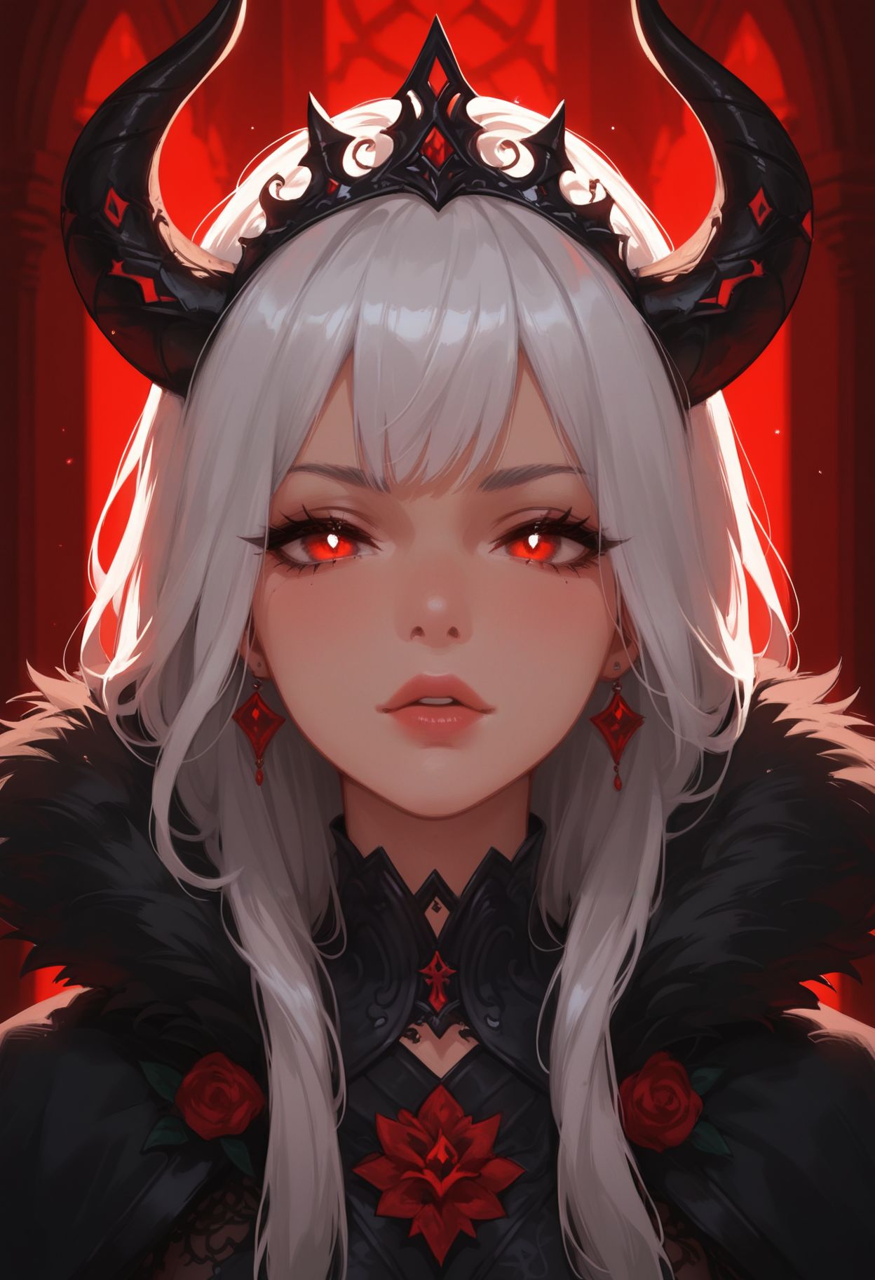 zPDXL3,   fantasy illustration, dramatic lighting, intricate details, highly detailed, 8k resolution, trending on artstation, masterpiece, post-processing techniques, depth of field, ambient occlusion, uncensored BREAK
stunning woman, long hair, silver hair, sharp features, black lace bodysuit, voluminous black fur cape, dark eyes, intense eyes, glowing eyes crown-like headdress adorned with horns, throne room, close-up, dynamic angle <lora:princess_xl_v1:1> <lora:Expressive_H:0.65> <lora:g0th1cPXL:0.45>  <lora:MonoriRogue_Style:0.5>  <lora:AIイラストおじさん:0.2>