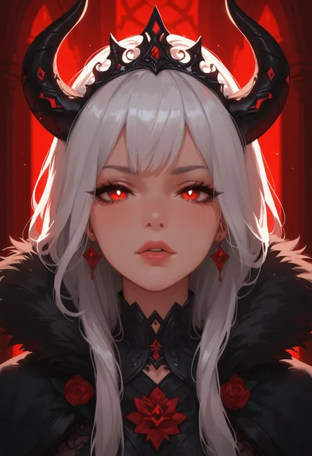 zPDXL3,   fantasy illustration, dramatic lighting, intricate details, highly detailed, 8k resolution, trending on artstation, masterpiece, post-processing techniques, depth of field, ambient occlusion, uncensored BREAK
stunning woman, long hair, silver hair, sharp features, black lace bodysuit, voluminous black fur cape, dark eyes, intense eyes, glowing eyes crown-like headdress adorned with horns, throne room, close-up, dynamic angle <lora:princess_xl_v1:1> <lora:Expressive_H:0.65> <lora:g0th1cPXL:0.45>  <lora:MonoriRogue_Style:0.5>  <lora:AIイラストおじさん:0.2>