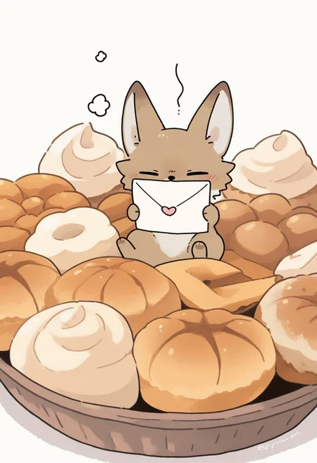 "(masterpiece, best quality, high quality, highres), very awa, highres, absurdres,
(naguru \(cyoroama\):0.9), (chii-kun \(seedyoulater\):0.7), 
(coyote:1.1),
(no humans:1.1), (cute:1.2), comfy, solo, cozy,
writing letter, thinking, oo, sweets, pastry, bakery, relaxed, "