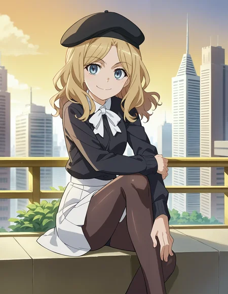 score_7_up, source_anime,
1girl, solo, frenda seivelun, black beret,
black shirt, white ribbon, white collar, black pantyhose, smile, white skirt, long sleeves,
city, smile, knee up, sitting, arms around knee
<lora:style_railgun-pony-v1.7:1>