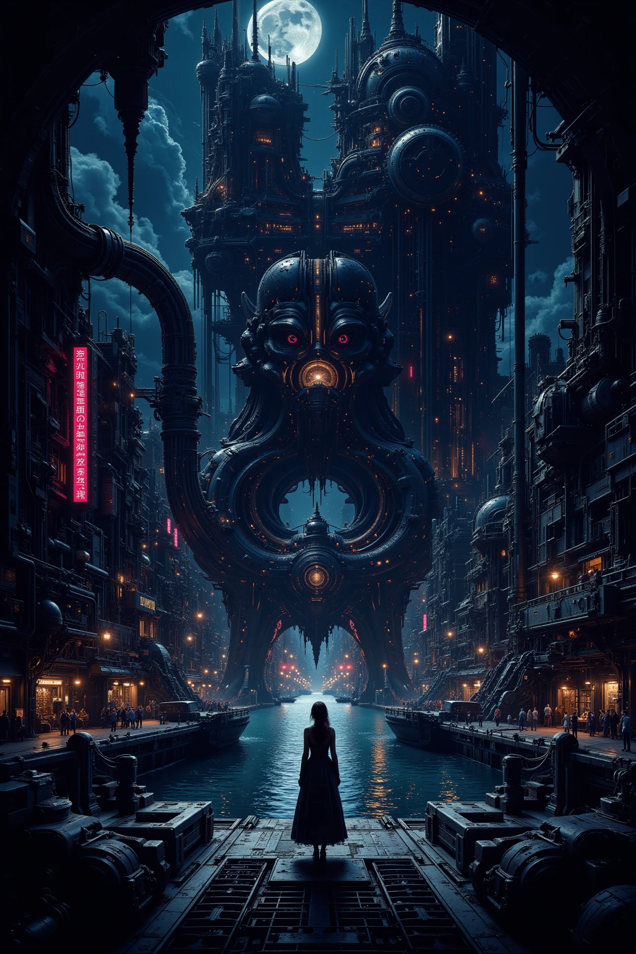port docks,beautiful misterious futuristic sci-fi cyberpunk landscape, bright luminous night, woman, very intricate, very detailed, sharp, colorful, <lora:Hand v2:0.5> <lora:Anti-Blur:1><lora:Insane Detail Slider:0.25>  <lora:flux.1_lora_flyway_Epic-detail_v2:0.3> <lora:fluxenhancer:0.25><lora:The_Dark_Side_Of_The_Future:0.4><lora:Neurocore Anime Cyberpunk v2.0:0.5> A digital artwork in the style of cknc