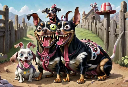 photorealistic high details, siamese twins fleshmutant skinny fuzzy baby mooron mad random color smiling lady dobermann full tail and full ginormous ears, shortest legs, high with meth, striped black and white, dog abomination with huge eyes , wearing an italian fancy hat,art by pixar , biotech inserts, fighting a big rabbit hidden in a hole in the big yellow wall, all inside an italian gim <lora:Fleshmutant_R2-000003:1>