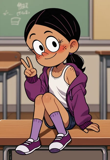 source_cartoon, score_9, score_8_up, score_7_up, score_6_up, score_5_up,
classroom, 1girl, solo, dark skin, full body,
Ronnie_anne, Mexican-American girl, ponytail, black hair, tan skin, freckles on cheeks,,
purple hoodie, white tank-top, blue jean shorts, purple thighhighs, purple flat shoes,
sitting, looking at viewer, blush, smile, peace sign,