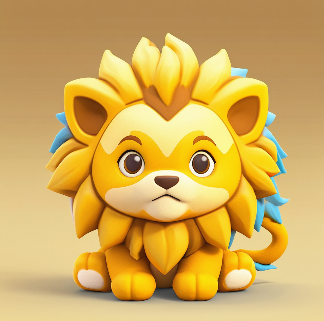 digital game illustration, animated lion character, 3d illustration, cute, stylized, toy-like, yellow and orange color palette, large eyes, sitting pose, neutral background, smooth texture, simple shapes, character design, frontal view, digital art, game asset ,<lora:æ¸¸æ-000002:0.6>