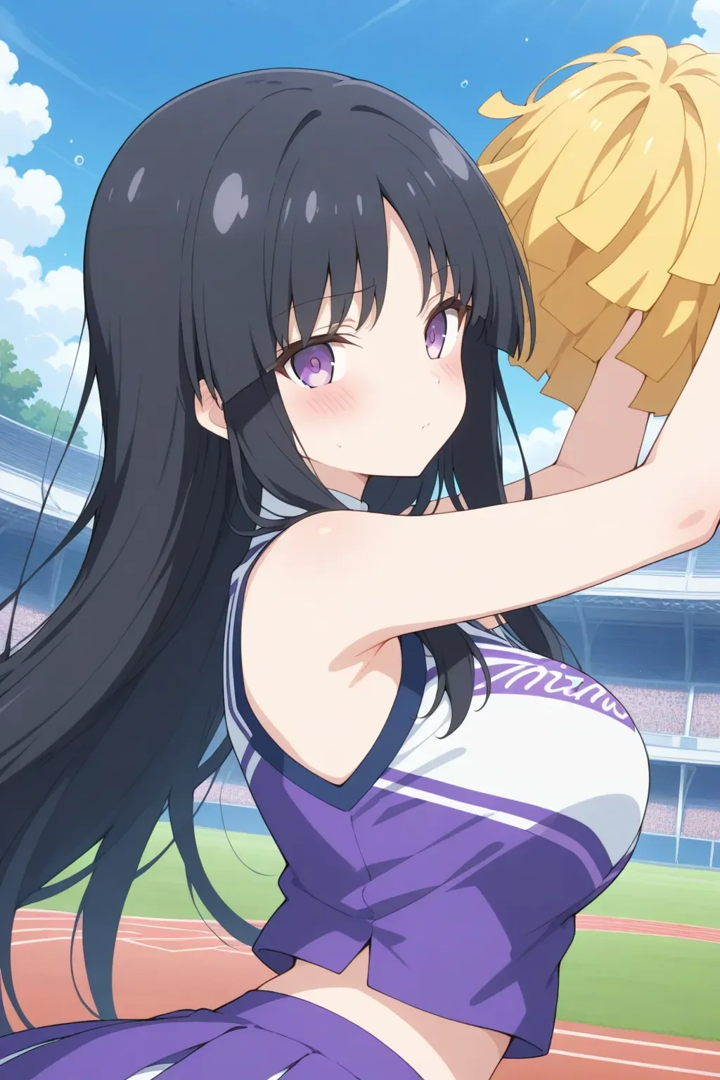 <lora:al_shirai_yuyu_ilxl:0.9> masterpiece, best quality, al_shirai_yuyu_ilxl, 1girl, solo, black hair, purple eyes, cheerleader, outdoor, long hair, looking at viewer, blush, dancing