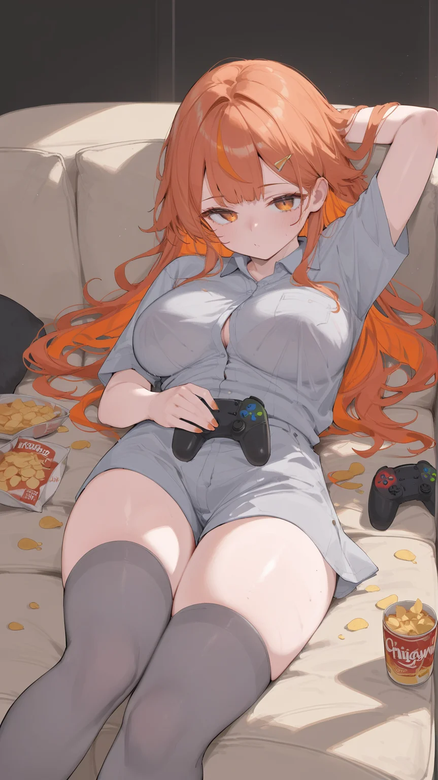 score_9,score_8_up,score_7_up,
1girl,solo,
<lora:Raigyo-Pony-V3-07:0.8>,Raigyo,
orange hair,orange hair,colored inner hair,large breasts,
grey thighhighs,grey shirt,collared shirt,oversized clothes,see-through silhouette,
lying,holding game controller,chips \(food\),
couch,living room,messy room,