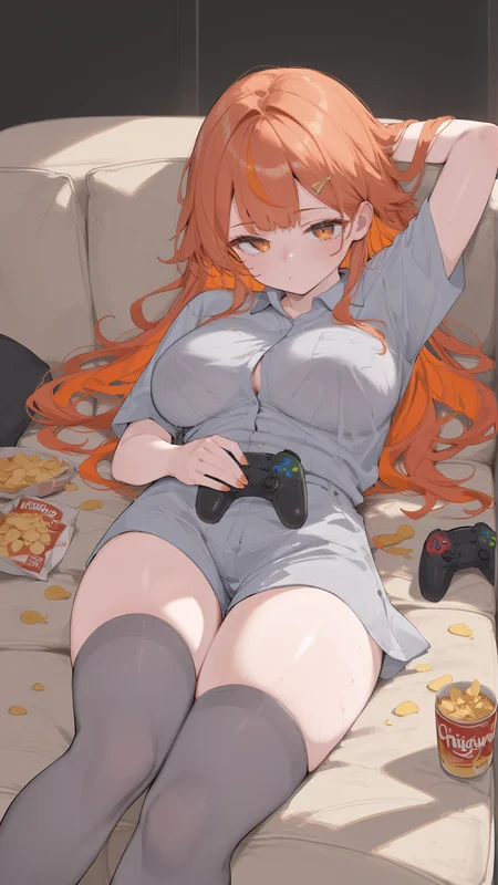 score_9,score_8_up,score_7_up,
1girl,solo,
<lora:Raigyo-Pony-V3-07:0.8>,Raigyo,
orange hair,orange hair,colored inner hair,large breasts,
grey thighhighs,grey shirt,collared shirt,oversized clothes,see-through silhouette,
lying,holding game controller,chips \(food\),
couch,living room,messy room,