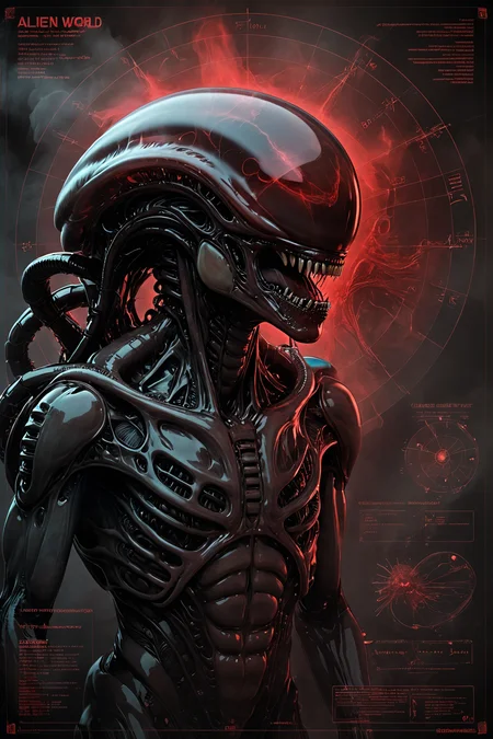 an alien world, <lora:chdmchlwrd:0.5> Dark art, chdmchlwrd, <lora:Dark_Anime:0.5> <lora:dvr-trd:0.5> dvr-trd, red ink, complex, xenomorph, shrouded in dark moke, black smoke, parchment, diagram, detailed schematic, readouts, overlays, HUD,
