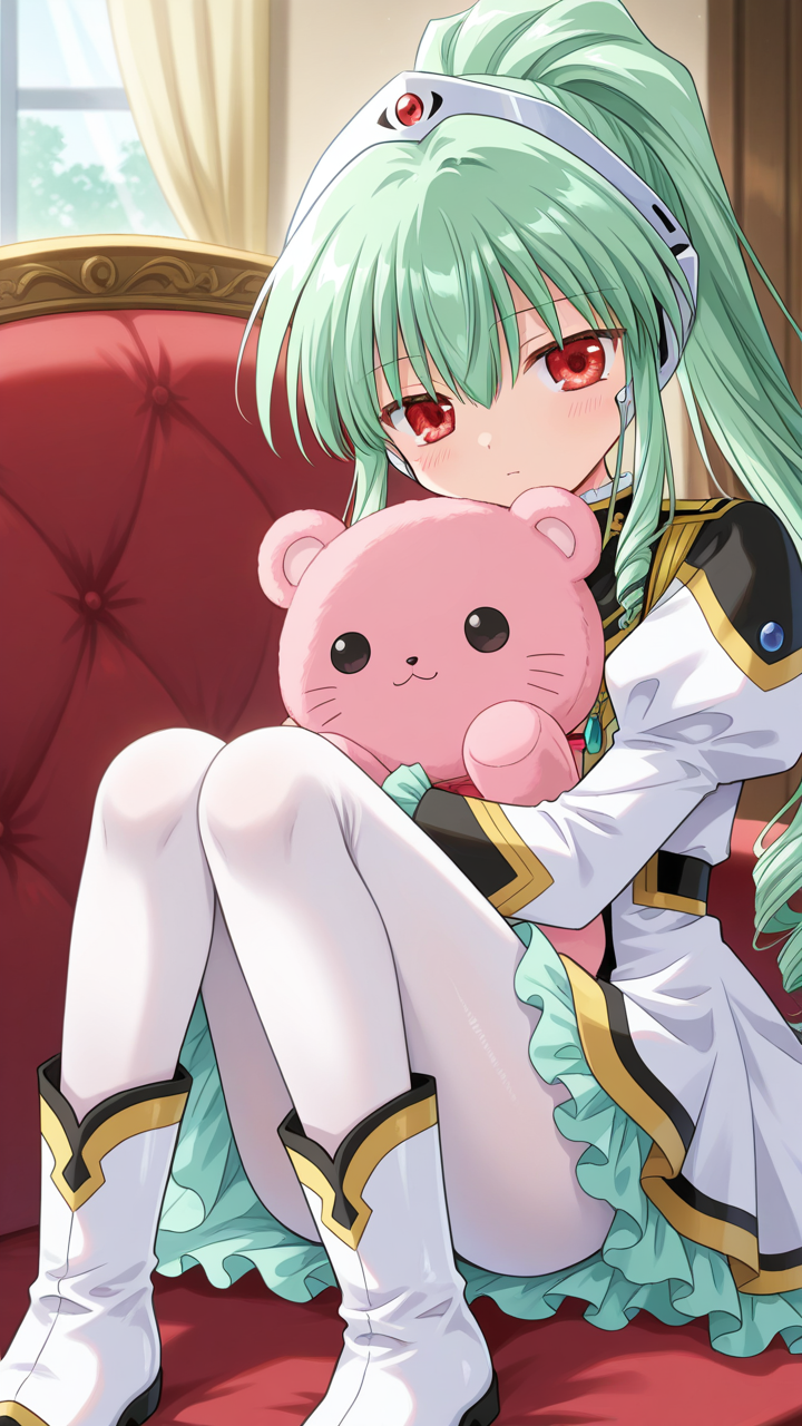Hugging object, stuffed animal, stuffed toy, sentient stuffed toy,, masterpiece, best quality, amazing quality, very aesthetic, absurdres, newest, anime screencap, <lora:checkpoint-e24_s720:1>, vanilla h, kanan, red eyes, green hair, ponytail, drill hair, long hair, sidelocks, hair between eyes, headgear, uniform, white dress, frilled dress, frills, long sleeves, juliet sleeves, pantyhose, white pantyhose, white boots,