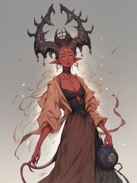 score_9, score_8_up, score_7_up, score_6_up, score_5_up, <lora:1llum1XLP:1> 1llum1, 1girl, demon, curvy, dress,