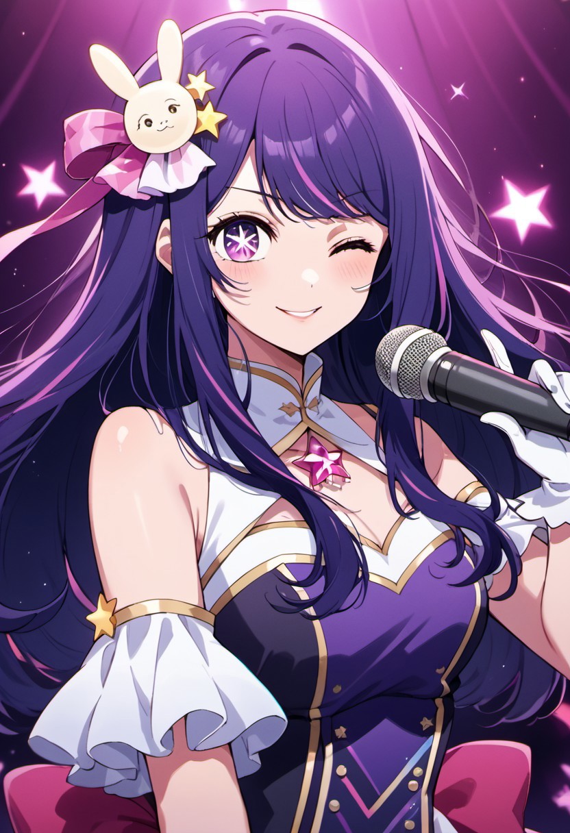 score_9, score_8_up, score_7_up, source_anime, Hoshino Ai, an idol with long, flowing purple hair and captivating purple eyes featuring star-shaped pupils. She's the only figure in the image, confidently smiling at the viewer. One eye is playfully closed, while the other focuses directly on the audience. She holds a microphone in one hand and points at the viewer with the other, embodying the energy of a live performance. She’s dressed in a stylish outfit, complete with gloves and a star-themed hair ornament that adds a touch of sparkle. The scene exudes a musical atmosphere, with subtle star symbols in the background, capturing the essence of a charismatic idol on stage.