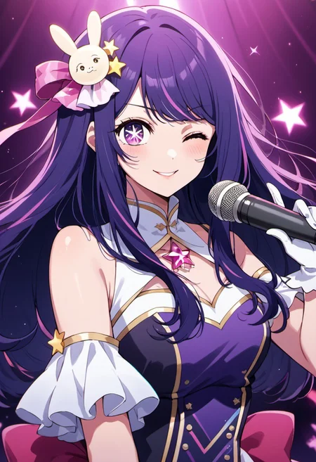 score_9, score_8_up, score_7_up, source_anime, Hoshino Ai, an idol with long, flowing purple hair and captivating purple eyes featuring star-shaped pupils. She's the only figure in the image, confidently smiling at the viewer. One eye is playfully closed, while the other focuses directly on the audience. She holds a microphone in one hand and points at the viewer with the other, embodying the energy of a live performance. She’s dressed in a stylish outfit, complete with gloves and a star-themed hair ornament that adds a touch of sparkle. The scene exudes a musical atmosphere, with subtle star symbols in the background, capturing the essence of a charismatic idol on stage.