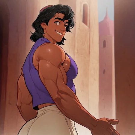 masterpiece, best quality, absurdres, newest, perfect quality, best quality, absolutely eye-catching, detailed background, intricate details, bara, 1boy, male, male focus, solo, brown skin, dark skin, black hair, messy hair, brown eyes, thick eyebrows, purple vest, sleeveless, cream pants, baggy pants, barefoot, bara, muscular, large pectorals, large biceps, looking away, upper body, cowboy shot, side view, from the back, smile, Arab city, scenery, very awa, best quality, absurdres, newest, perfect quality, detailed background, intricate details, (artist:rokudenashi:0.8), (artist:dizdoodz:0.7), (artist:gomtang:0.6)