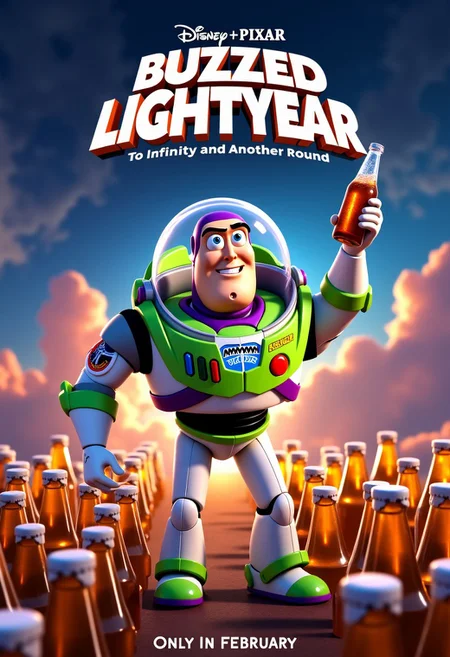 A disney pixar movie poster of a movie named "Buzzed Lightyear", featuring a funny drunken Buzz Lightyear on space with a drunken expression and rolling eyes as he is holding a beer bottle while surrounded by many bottles of beer, with a "Disney + Pixar" logo and the words "To infinity and Another Round", and "only in theaters, on 30 february", he is not smiling, he is dizzy