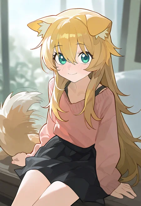 masterpiece, best quality, good quality, pnya,
1girl, tail, animal ears, tail wagging, dog tail, solo, dog ears, dog girl, looking at viewer, indoors, sitting, blurry background, smile, blue eyes, long hair, blush, skirt, blonde hair, black skirt, closed mouth, tail raised, animal ear fluff, depth of field, green eyes, hair between eyes
<lora:ai_styles_collection_noob_vpred-0.6_v3:1>