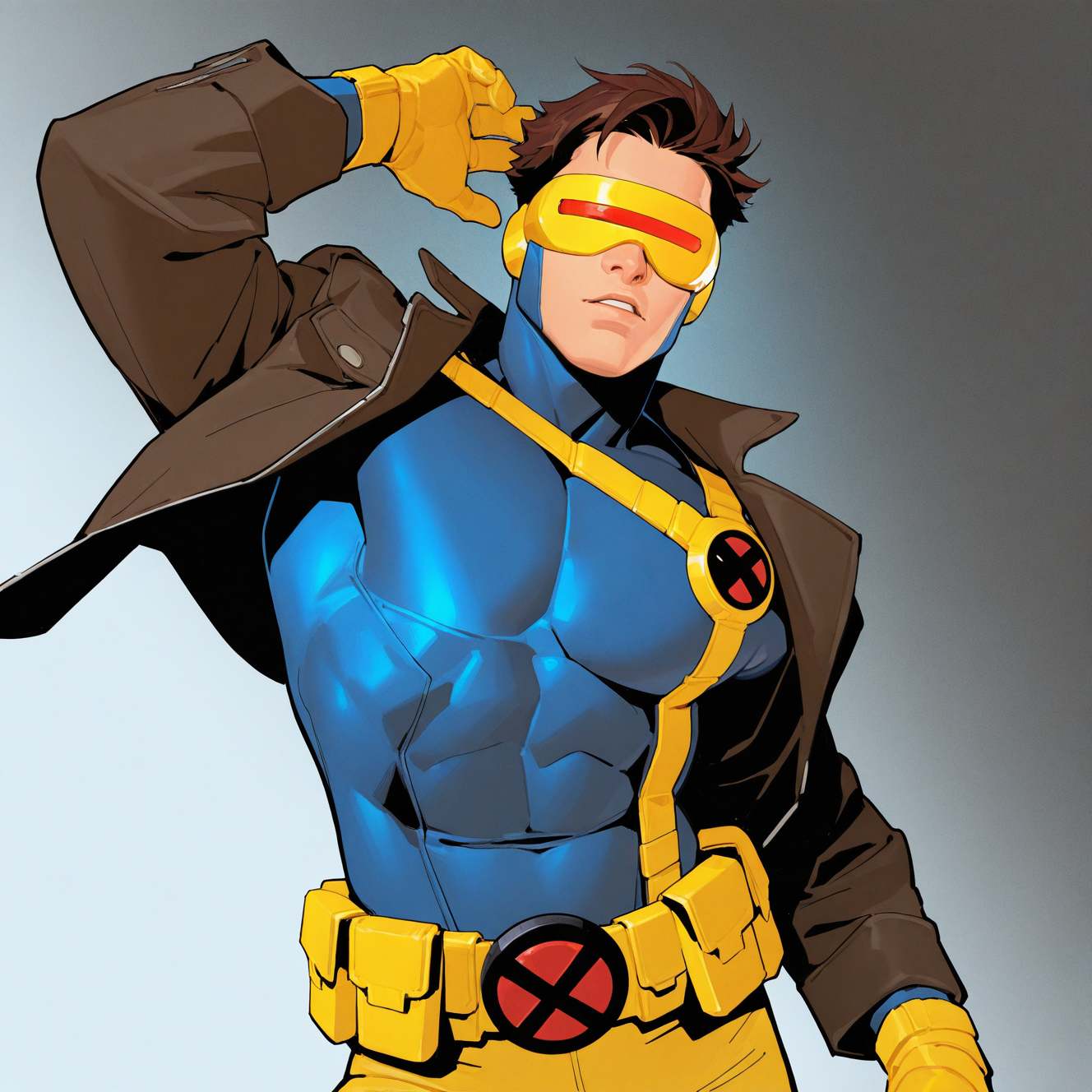 <lora:CYCLOPS:1>cyclops, solo, short hair, brown hair, 1boy, gloves, jacket, male focus, open clothes, pants, belt, open jacket, mask, bodysuit, brown jacket, blindfold, covered eyes, superhero, blue bodysuit, yellow gloves, eye mask, head-mounted display, utility belt, yellow pants, parted lips, black jacket, cosplay, harness, motion blur, film grain, abstract, natural lighting, fantasy, cinematic, dynamic view, tilted angle, very awa, masterpiece, best quality, absurdres, newest, perfect quality, detailed background, intricate details,  (artist:fl \(l-fl\):0.7), (artist:tooboshoo:0.7), (artist:dizdoodz:0.8)