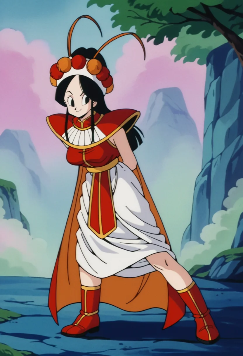 score_9,score_8_up,score_7_up,score_6_up, BREAK annin, retro artstyle, 1girl, solo,full body, black hair, black eyes, medium breasts, red vest, white skirt, red shoulder armor, white headband, pom pom \(clothes\),fake antennae,red cape,looking at viewer,, blue cliff,blue wall, fog, (leaning forward:0.8),contrapposto,arms behind back,closed mouth,smile,red pelvic curtain,orange antennae, red boots,arms down,blue ground <lora:AnninPony:1>