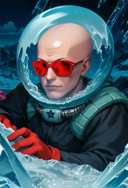 color_pop, color, bw, source_anime, colorful, score_9, score_8_up, score_8, (Mr_Freeze, DC, bald, grey skin, pale skin, 1boy, goggles, red_sunglasses, ice, source_comics, source_western), abstract, P5YCH3D3l1C, BREAK, (P5YCH3D3l1C), colorful, trippy, (abstract), colors, checkerboard, ominous, sneer, (blue_theme), cold, icicle, (fishbowl helmet), metal suit, frost, gloves, snowflakes