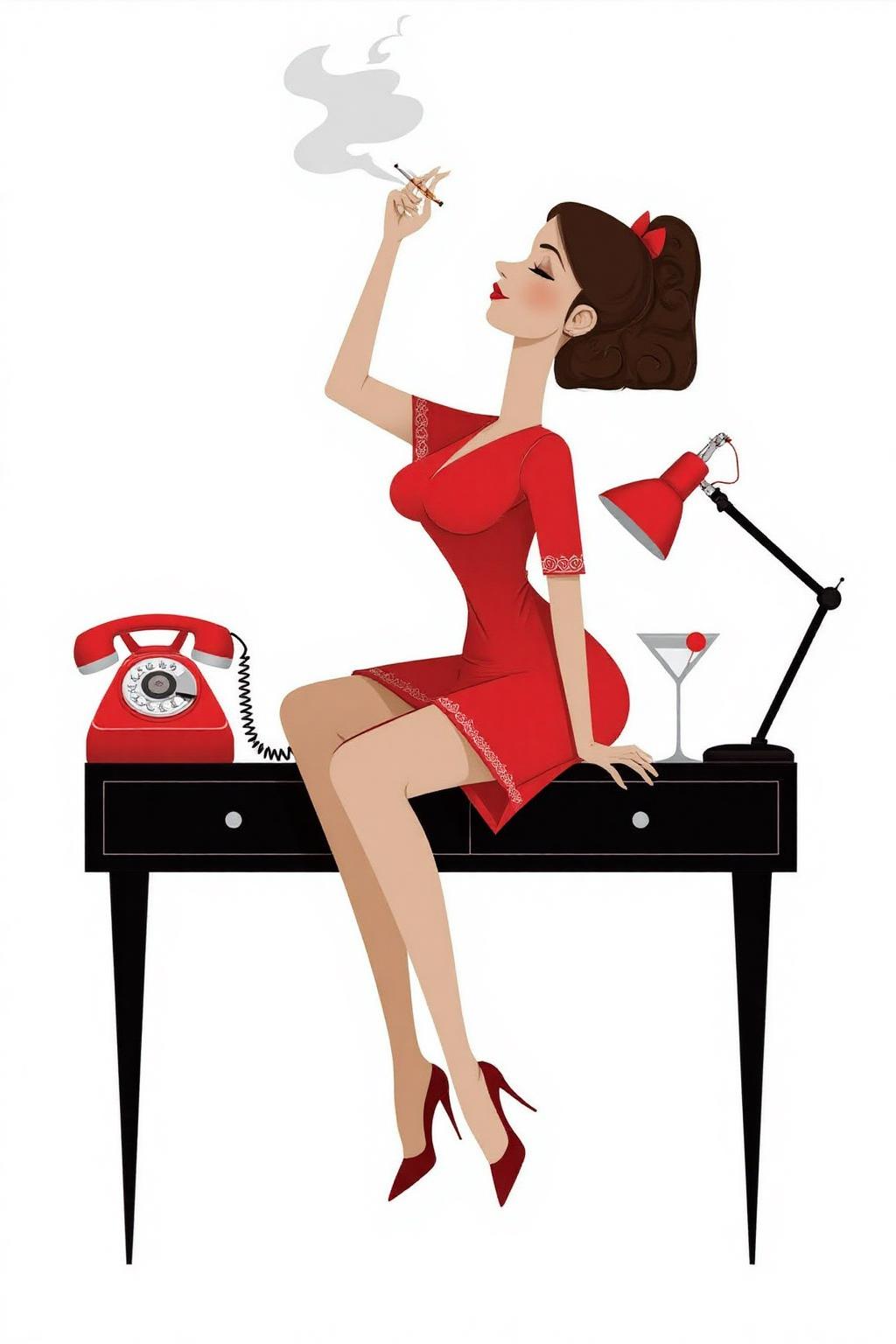 vector art.
A woman is sitting on a black desk. She is dressed in a red dress, stockings, and high-heeled shoes. She is holding a cigarette, with smoke rising above her. On the desk are a red rotary telephone, a desk lamp, and a martini glass.
 <lora:vectorart1_cap_d6a3:1.0><lora:844061687851207321:0>