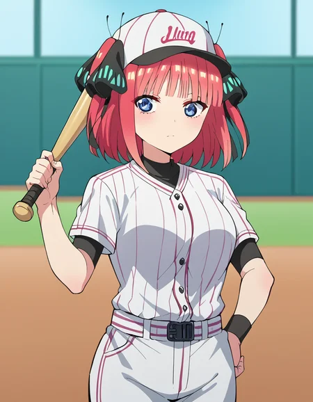 score_9, score_8_up, score_7_up, source_anime, <lora:nnakano-s2-ponyxl-lora-nochekaiser:1>, short hair, bangs, blue eyes, hair ornament, hair ribbon, pink hair, blunt bangs, two side up, butterfly hair ornament, large breasts,, <lora:baseball-uniform-ponyxl-lora-nochekaiser:1> baseball uniform, baseball, striped belt, shirt under shirt, sportswear, ribbed shirt, baseball helmet, baseball bat, baseball jersey, baseball field, holding baseball bat,, , cowboy shot,
