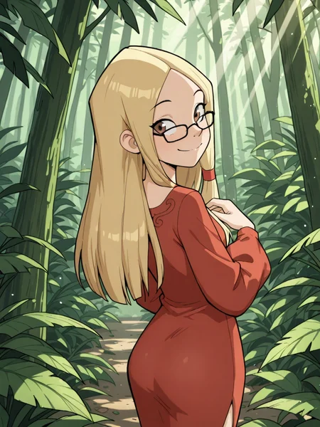 (masterpiece,best quality,newest,absurdres,highres), Gr3taBarrym0re, 1girl, solo, long hair, blonde hair, glasses, brown eyes, smile, forest, jungle, tight dress, looking back, leaf, sunlight, light particles, light rays, light, sunbeam, red dress <lora:Greta_Barrymore_IllustriousXL:0.8>
