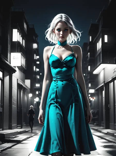 sincitystyle,
score_9, score_8_up, score_7_up, BREAK source_anime, 1girl, clothed, aqua blue dress,white hair glow,night,under light,spotlight,,close up
,<lora:SinCityStylePony:0.8>,