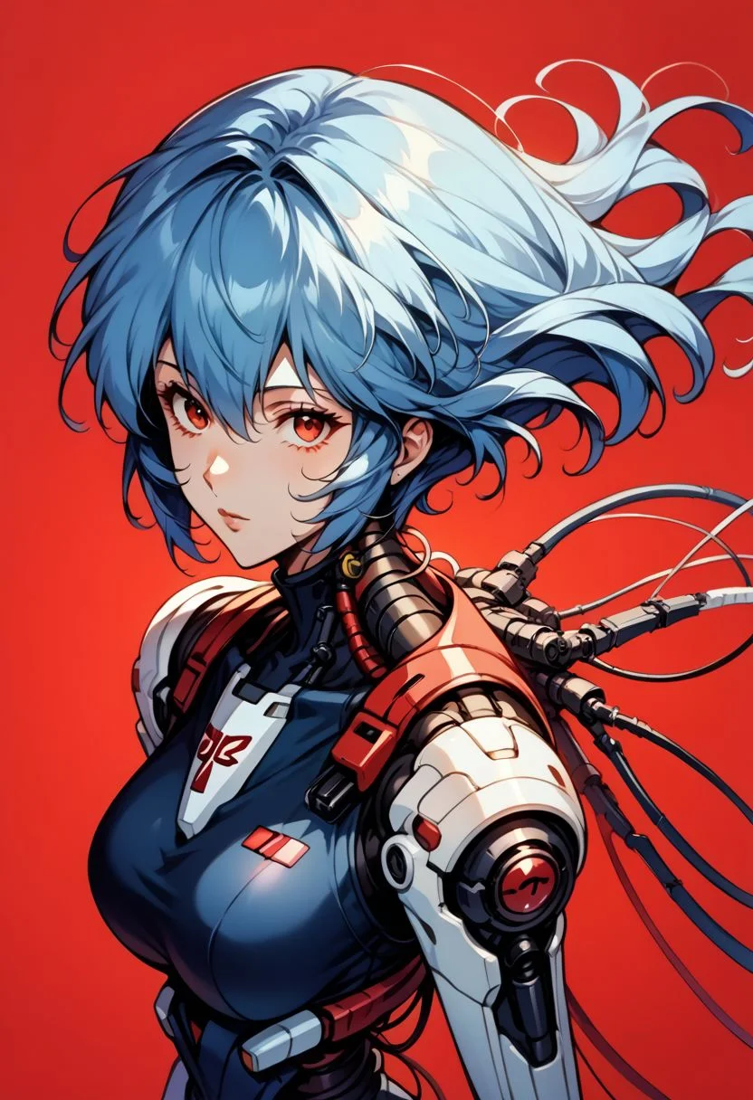 (1girl:1.2), solo, looking at viewer, from above, rei ayanami, ayanami rei, (mature:1.4), blue hair, short hair, red eyes, , (from side:0.5). floating hair, expressionless, red background, science fiction, android, cable, mechanical arms, cyborg, robot joints, mechanical parts, tube, spine, 
<lora:BioPunky:0.8>