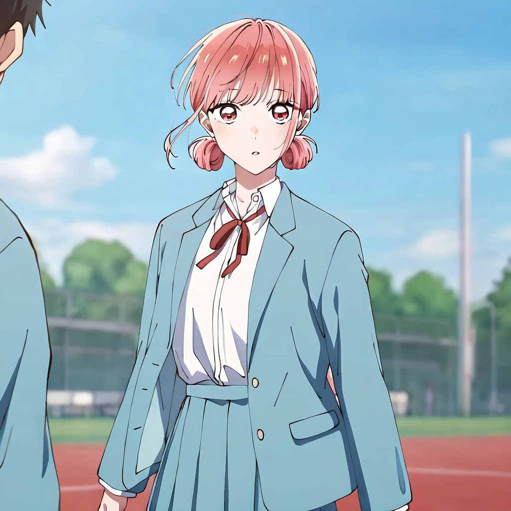 1girl, general, sky, 1boy, long sleeves, 1girl, blurry background, chool uniform,white shirt,blue skirt,red ribbon, pleated skirt,blazer,blue jacket,looking at viewer, hina chono, blurry, blue leotard masterpiece, best quality, 8k, absurdres, very aesthetic, Hina Chono <lora:Hina_Chono:0.8>