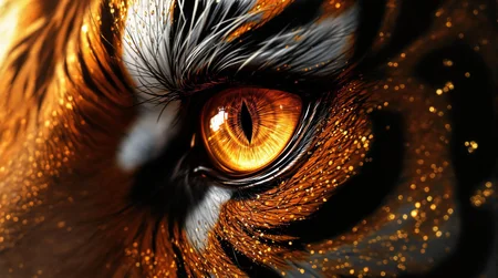(highly creative and detailed pixel texture), rough texture, gold edge etching, a creative and masterful anime painting, eye of the tiger girl, tiger ears, hair whiskers, orange eyes, gold eyes, gradient eyes, dark skin, highly detailed, hyper-focus, detailed eyes, detailed skin, clean and perceptive, monochrome, black and orange, gold highlights, fluffy hair, big hair, colloidal silver blacklight gradient color tone, smooth background color, film grain overlay foreground, highest stylish anime quality