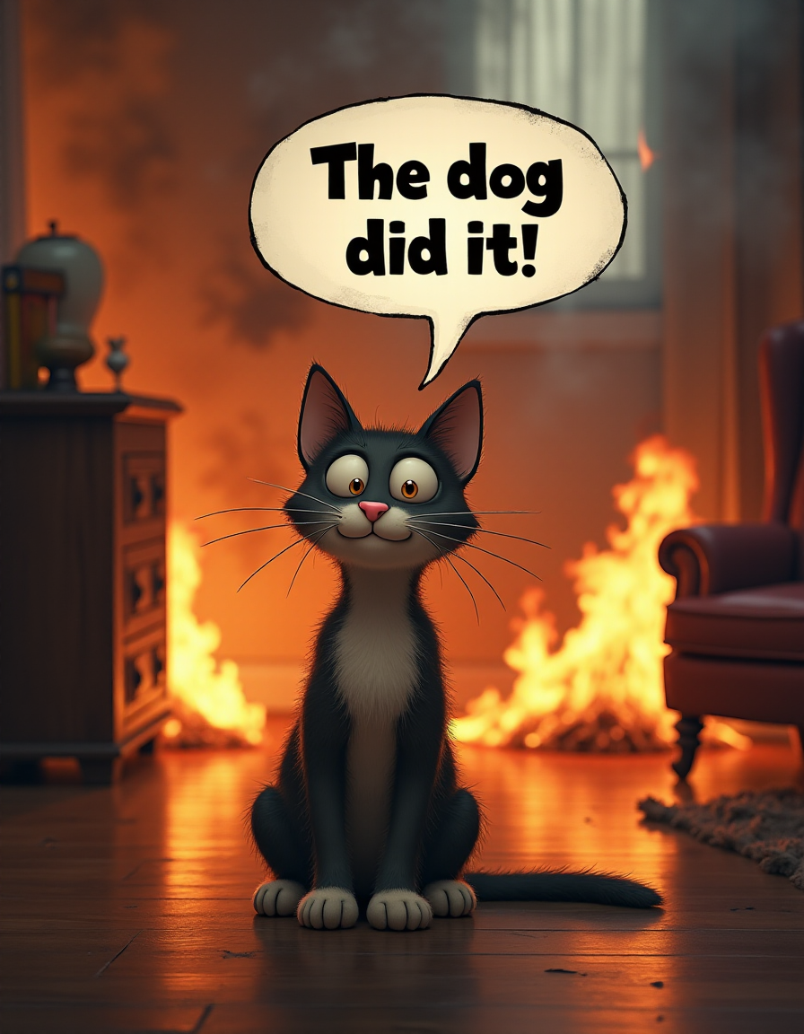 a burning room. a calm, innocent-looking cat sitting in the middle of a burning room. Flames rage around it,Furniture burning, smoke fills the air, and the cat stares directly at the viewer with wide eyes. A speech bubble above the cat reads, "The dog did it!" The contrast between the cat's serene demeanor and the chaotic scene adds a humorous, surreal touch.