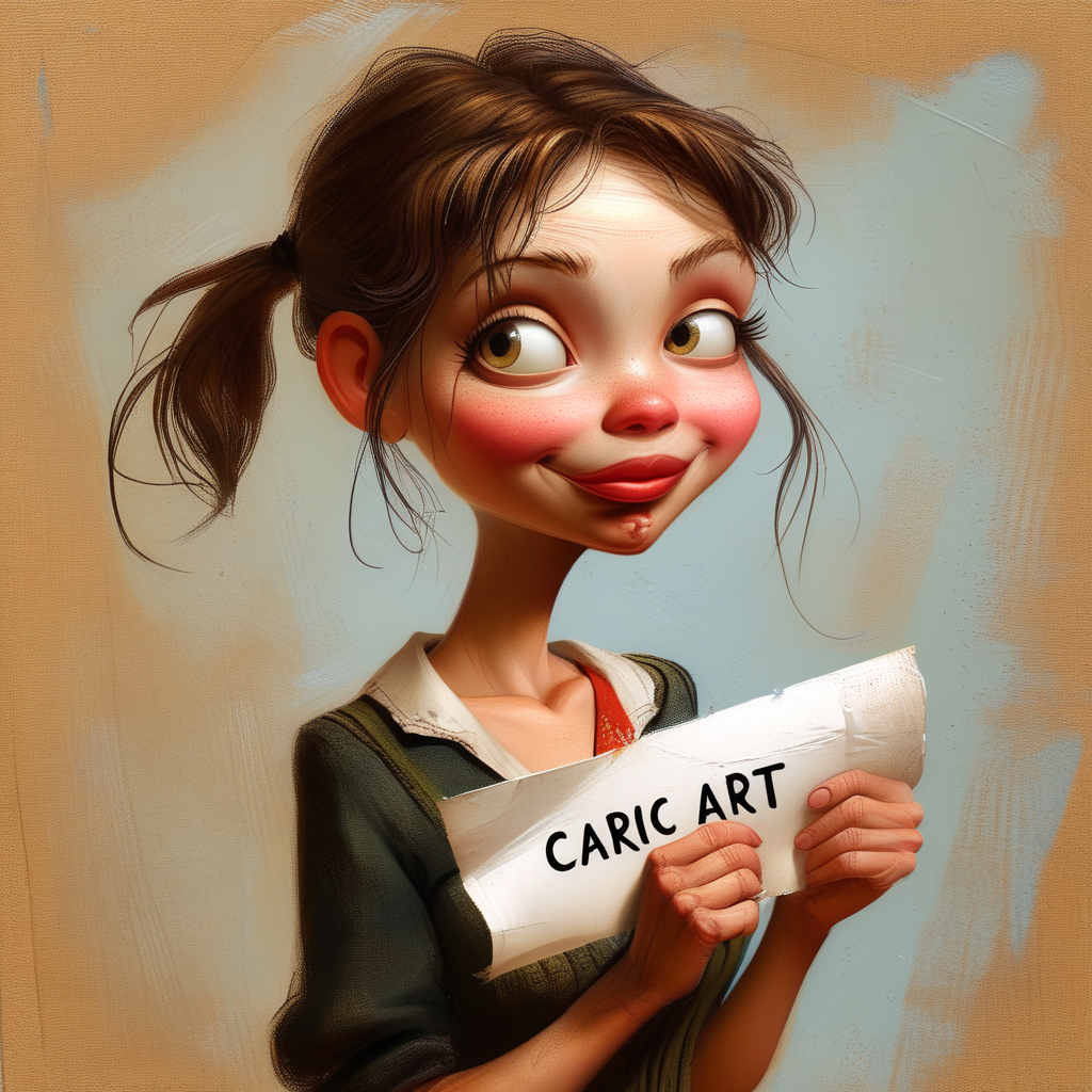 caricart girl holding a piece of paper with the inscription "Caric Art"<lora:caricart:1>