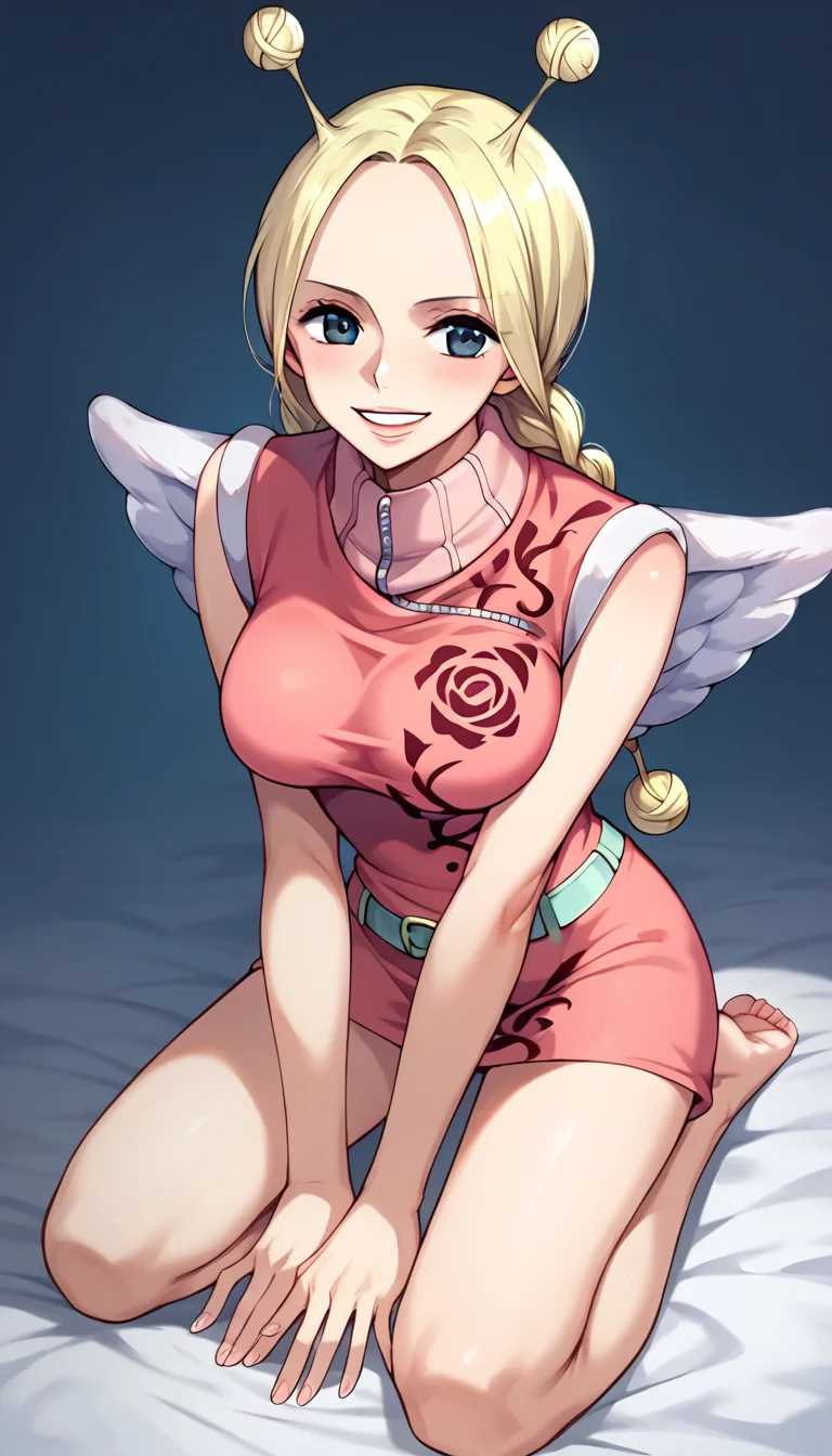 score_9, score_8_up, score_7_up, score_6_up, score_5_up, score_4_up, 1girl, conis, wings, blonde hair, antenna hair, twin braids, black eyes, pink dress, turtleneck, green belt, kneeling, <lora:Conis_v2:1>